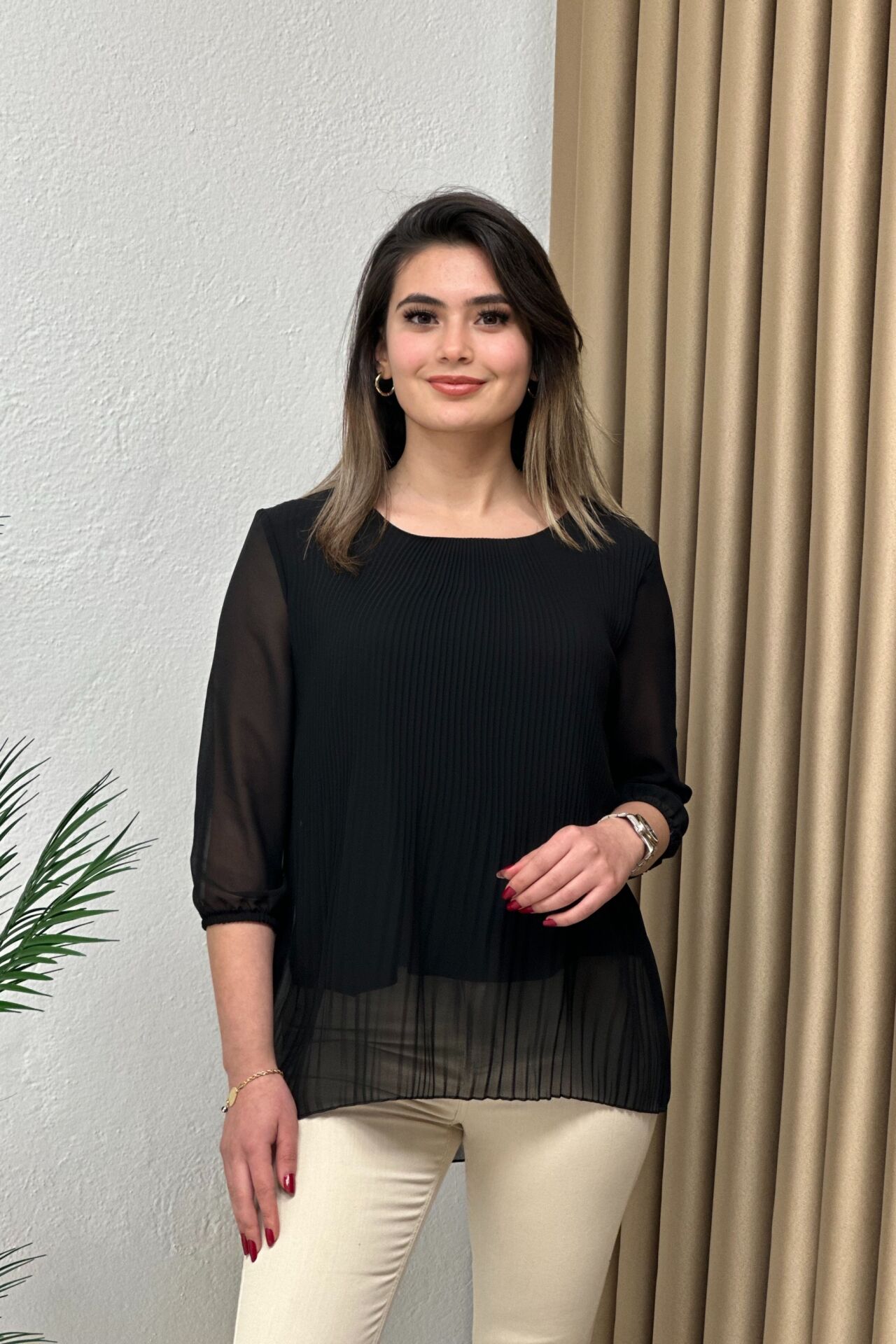 Premium Piliseli Tül Kol Bluz Siyah