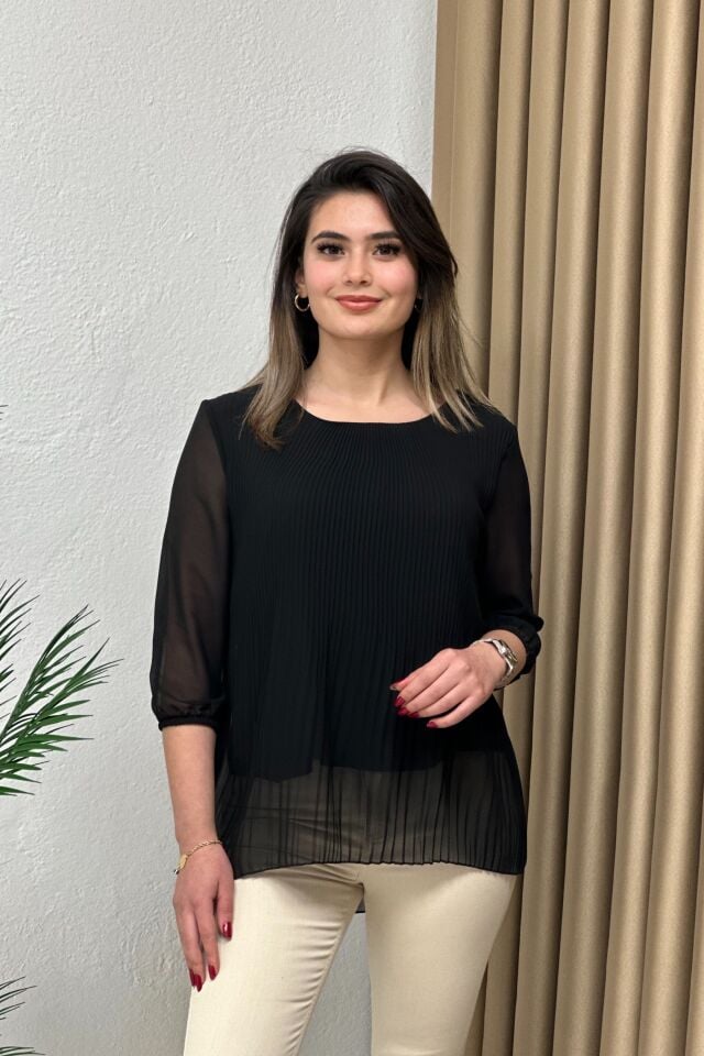 Premium Piliseli Tül Kol Bluz Siyah