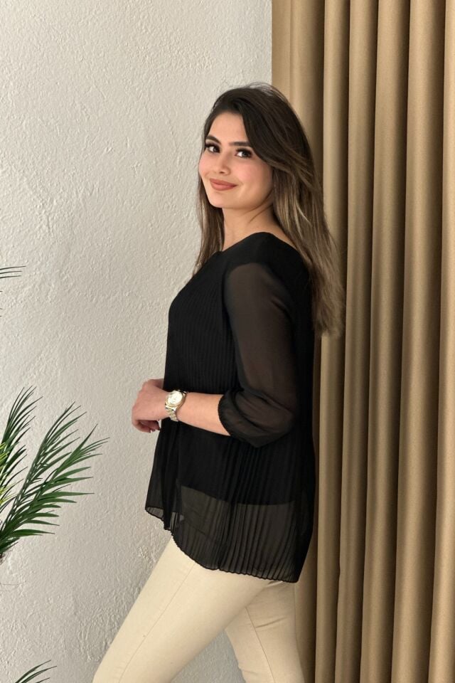 Premium Piliseli Tül Kol Bluz Siyah