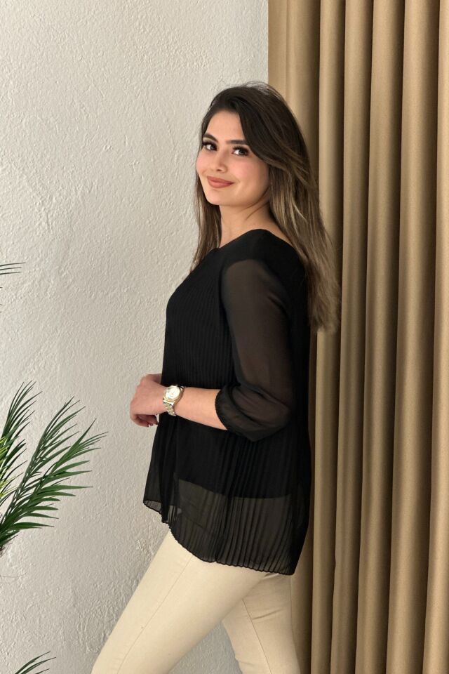 Premium Piliseli Tül Kol Bluz Siyah