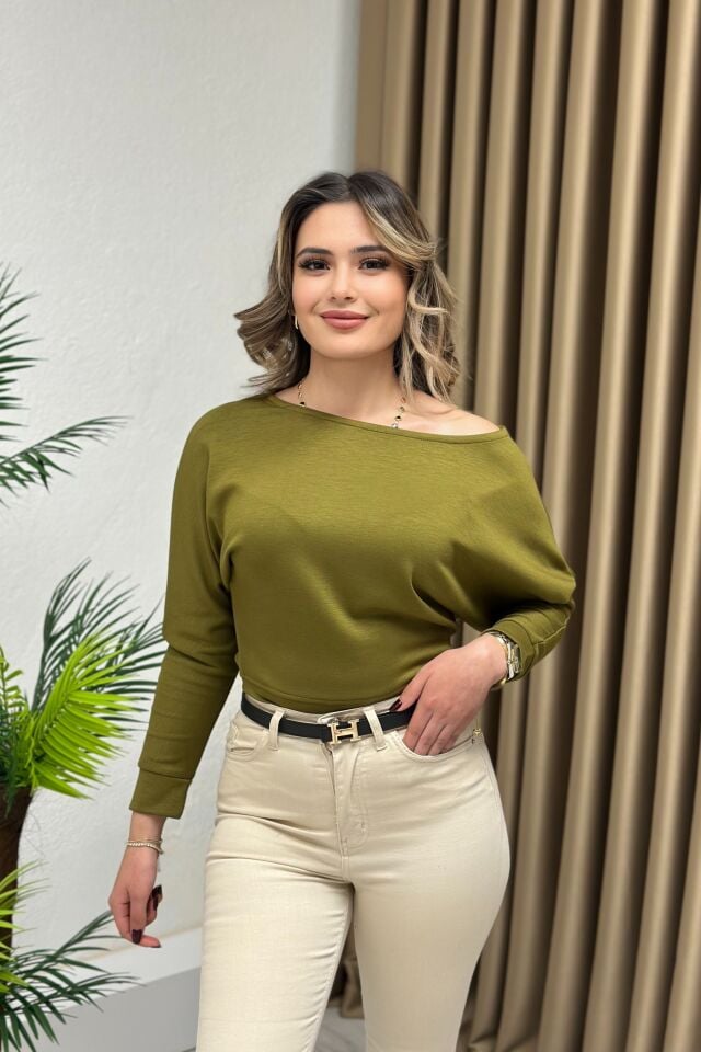 Düşük Omuz Modal Kumaş Oysho Bluz Yağ Yeşili