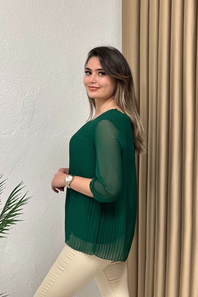 Premium Piliseli Tül Kol Bluz Zümrüt Yeşil