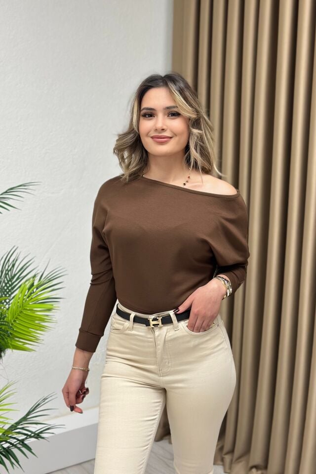 Düşük Omuz Modal Kumaş Oysho Bluz Acı Kahve