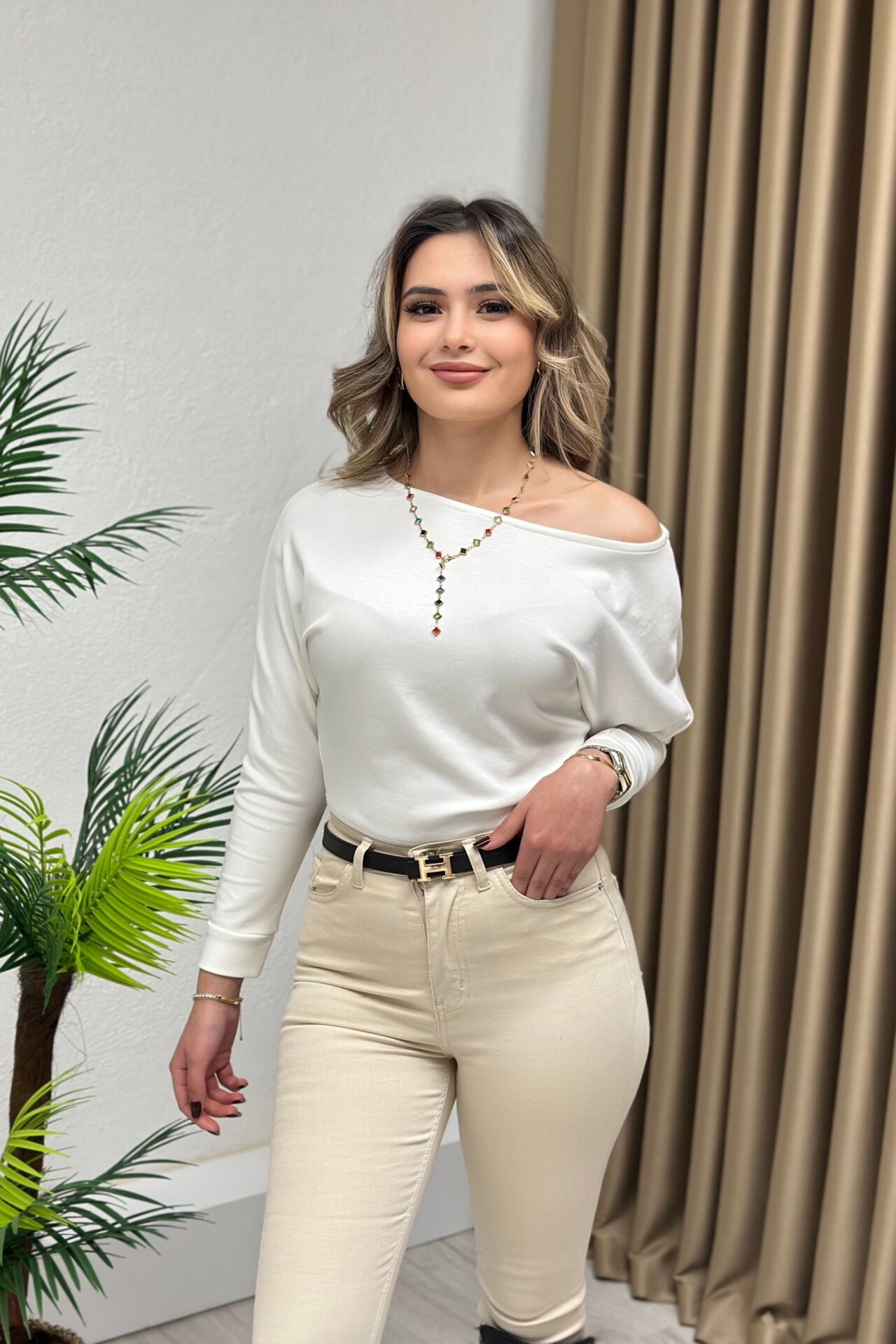 Düşük Omuz Modal Kumaş Oysho Bluz Beyaz