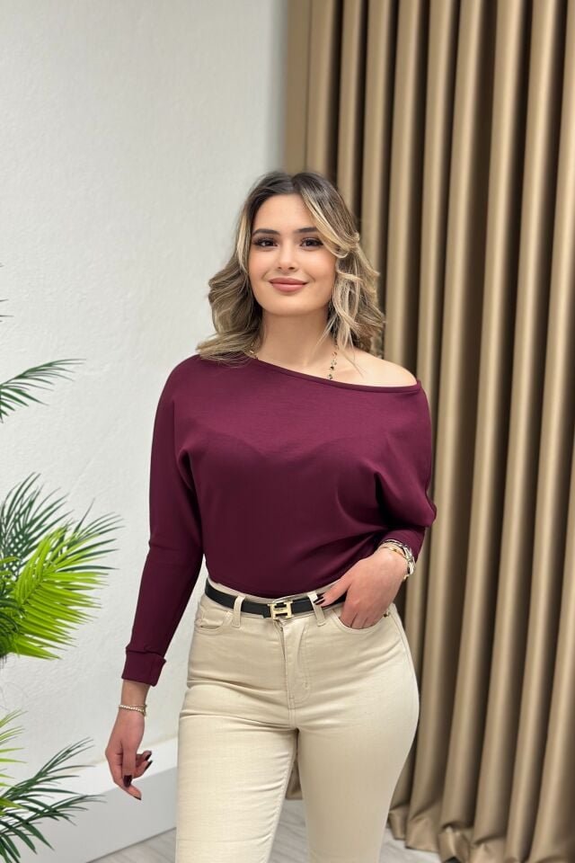 Düşük Omuz Modal Kumaş Oysho Bluz Bordo