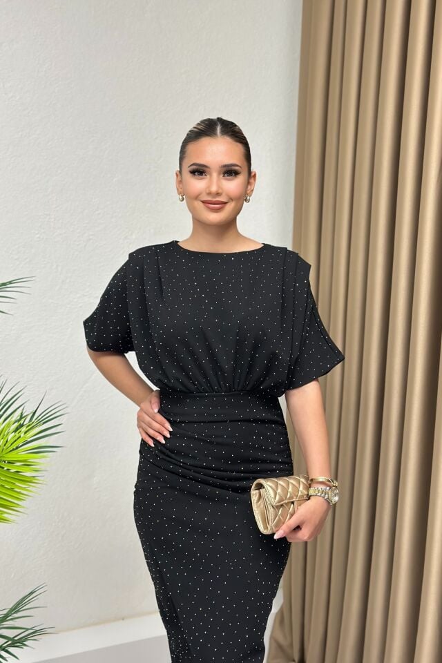 Kısa Kollu Kruvaze Işıltılı Elbise Siyah