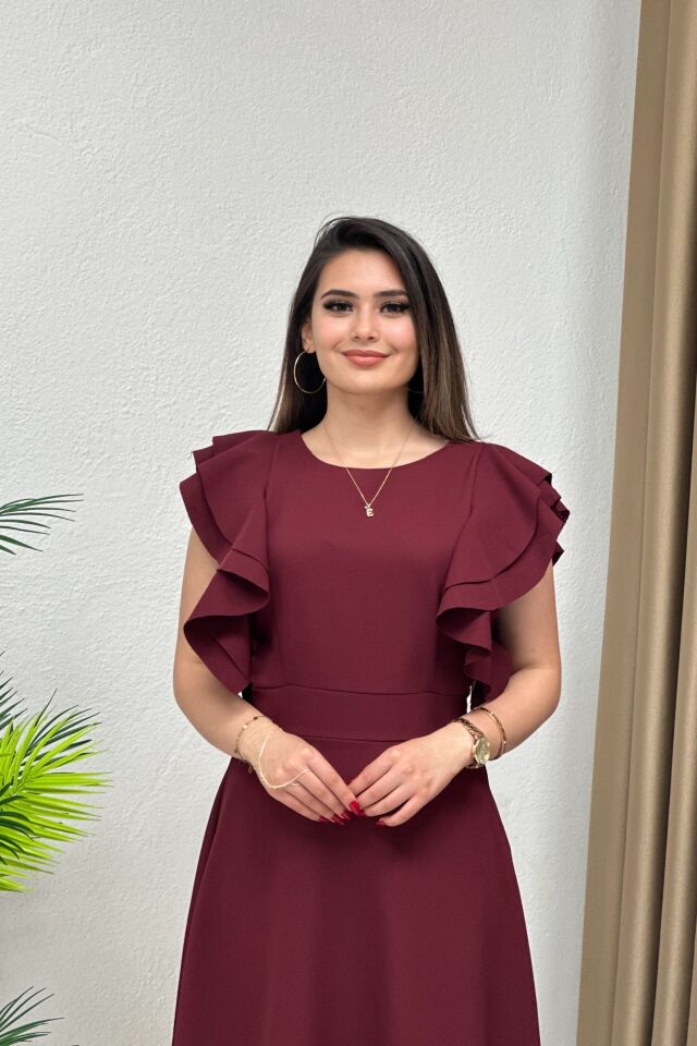 Atlas Kumaş Kolları Fırfırlı Kloş Elbise Bordo