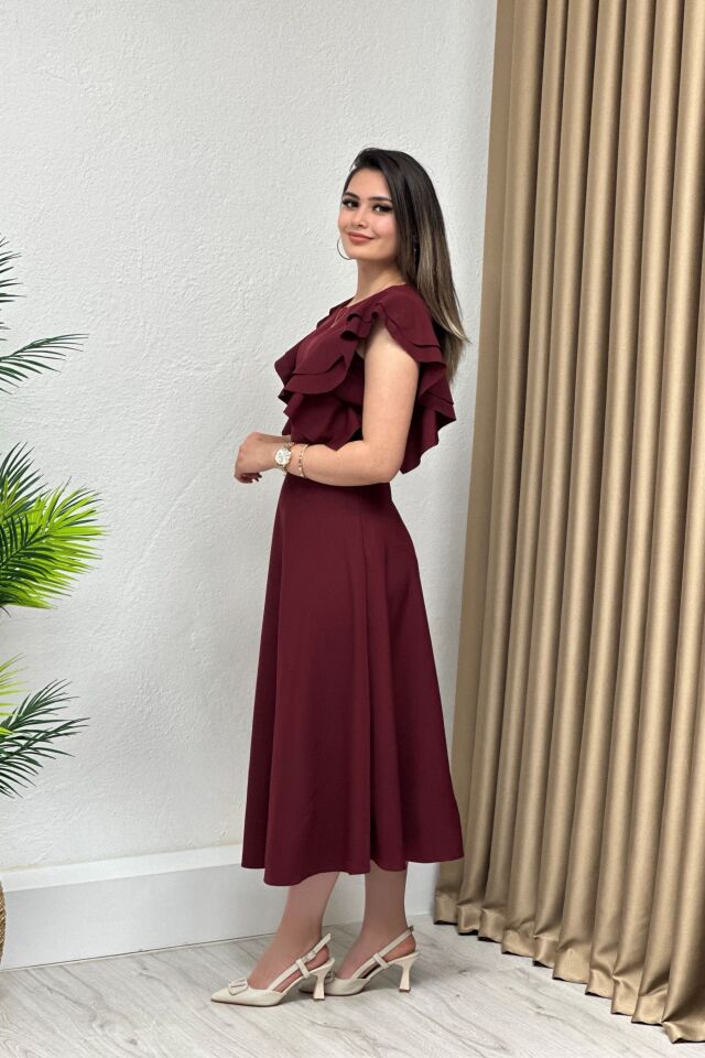 Atlas Kumaş Kolları Fırfırlı Kloş Elbise Bordo