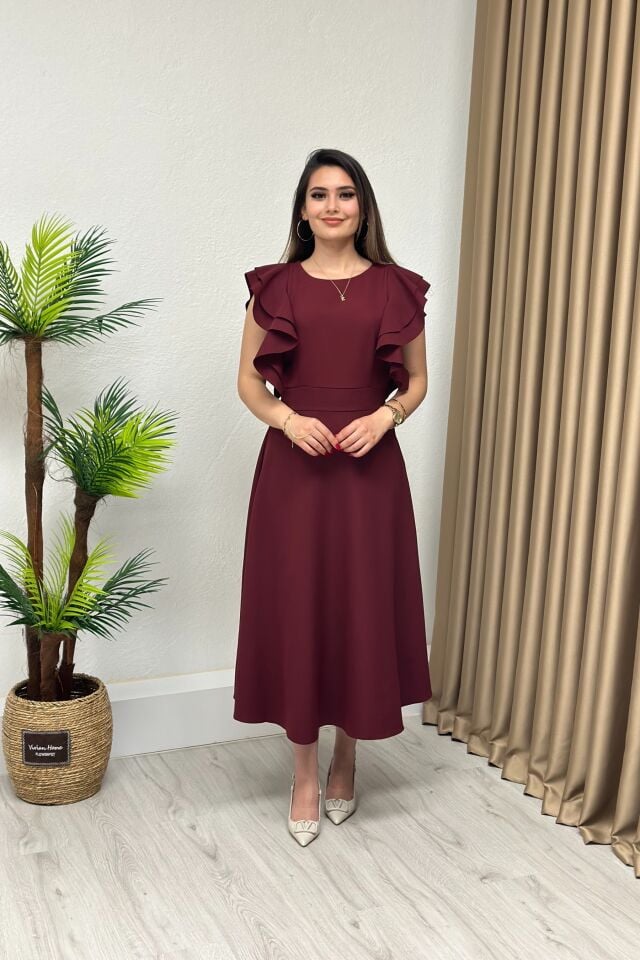 Atlas Kumaş Kolları Fırfırlı Kloş Elbise Bordo