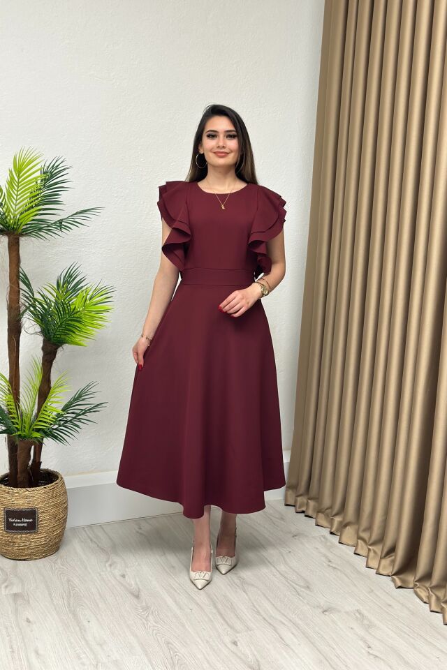 Atlas Kumaş Kolları Fırfırlı Kloş Elbise Bordo