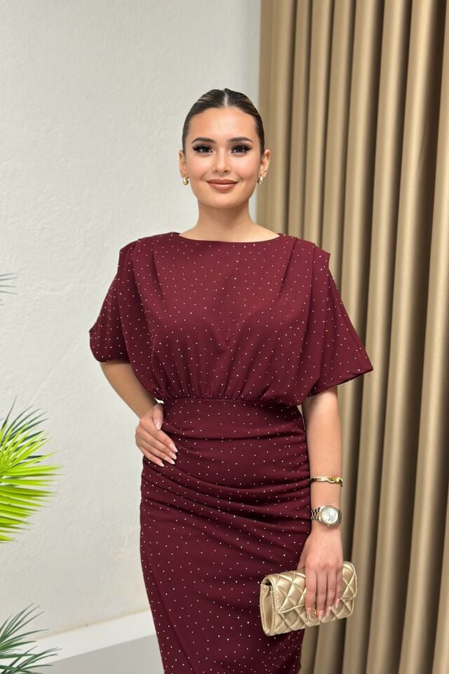 Kısa Kollu Kruvaze Işıltılı Elbise Bordo