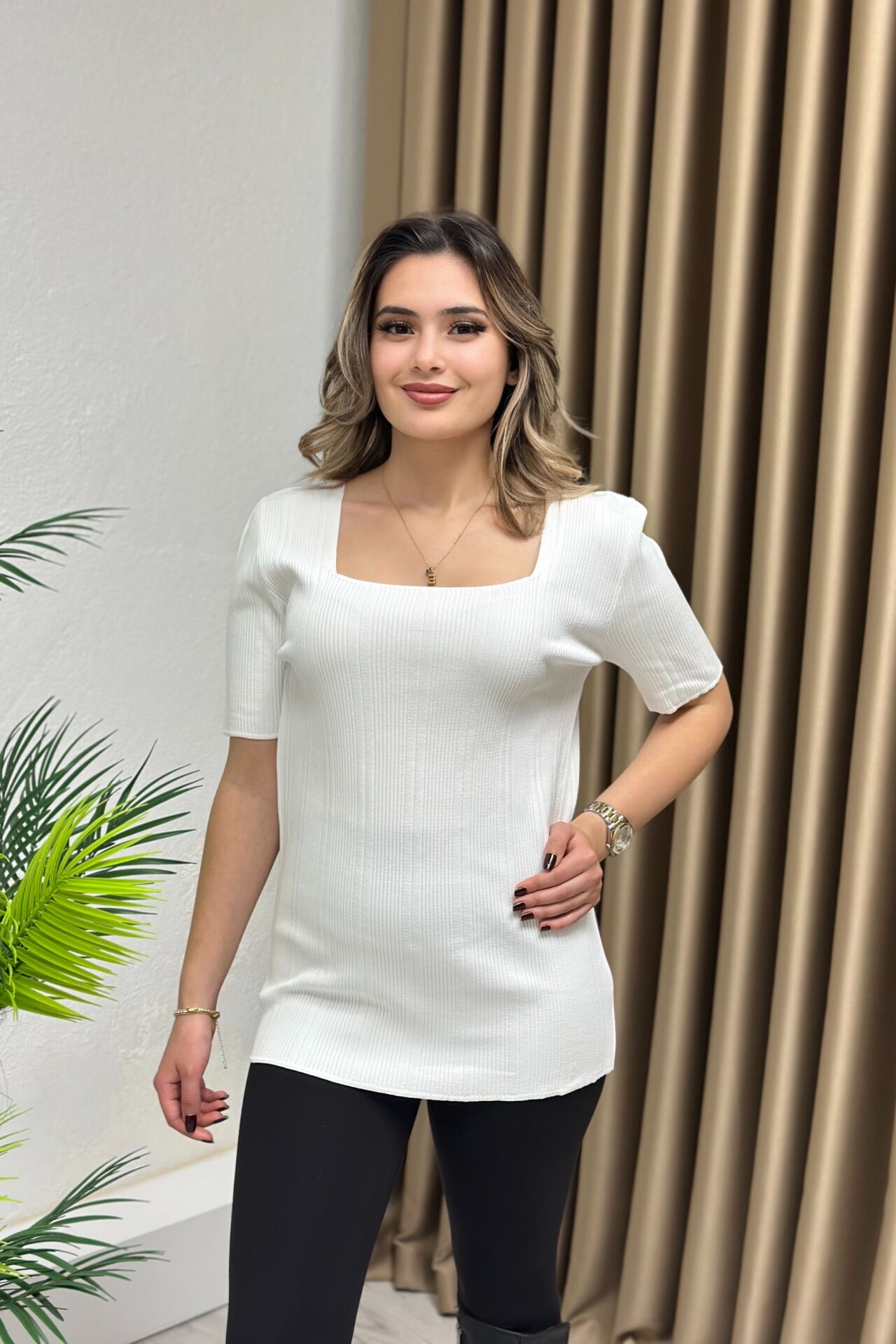 Büyük Beden Elit Triko Kare Yaka Bluz Beyaz