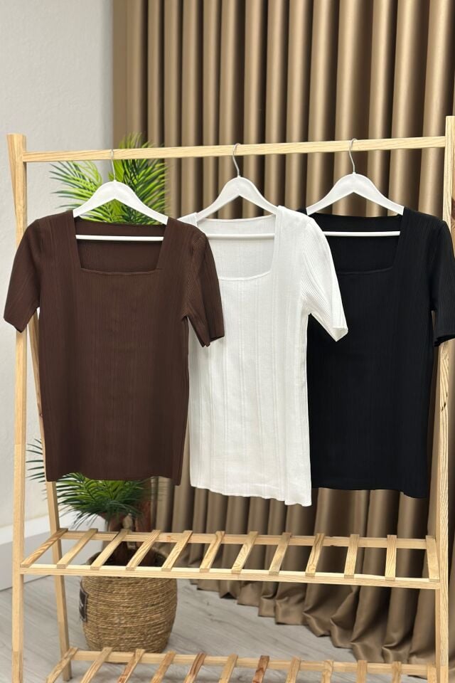 Büyük Beden Elit Triko Kare Yaka Bluz Acı Kahve