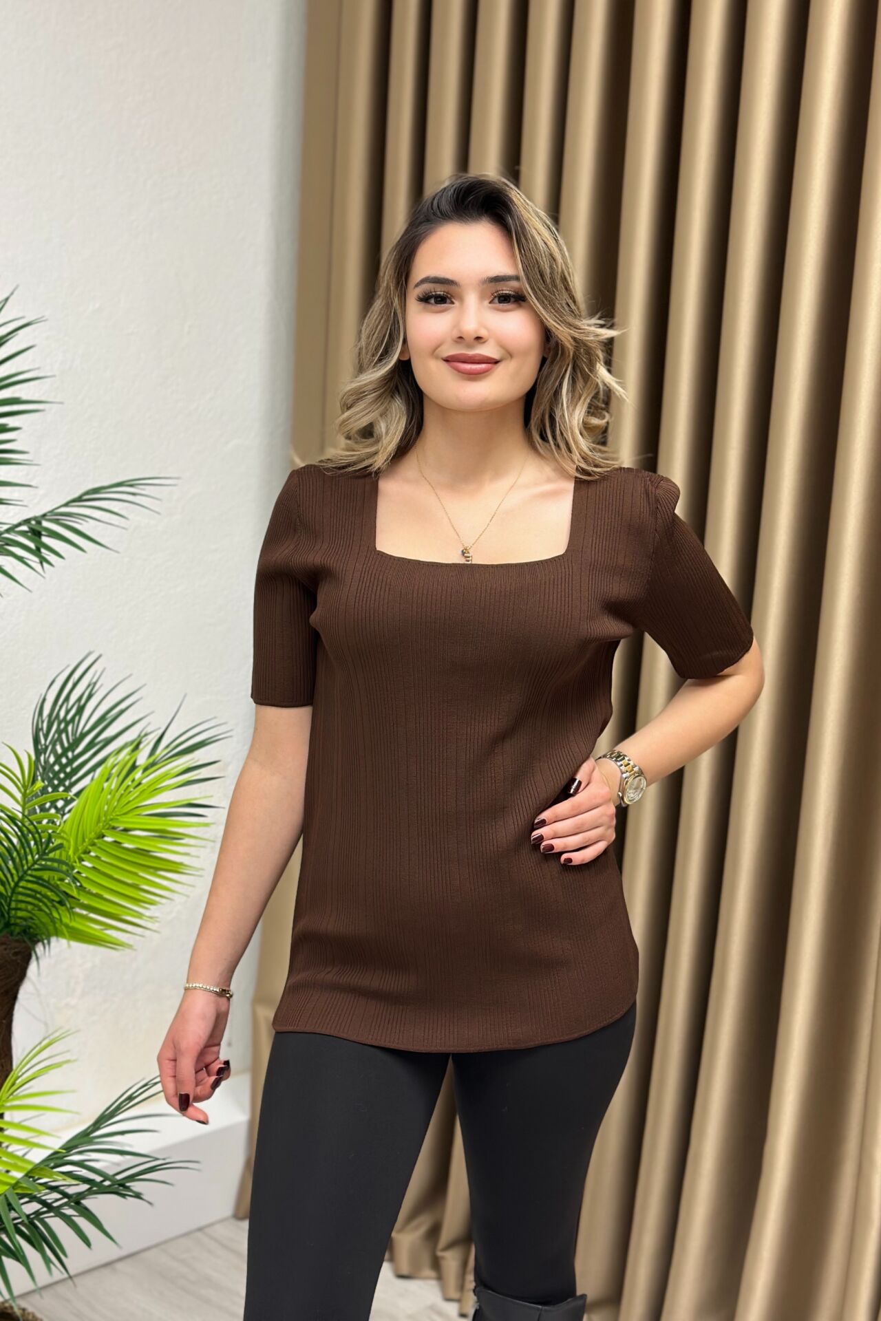 Büyük Beden Elit Triko Kare Yaka Bluz Acı Kahve