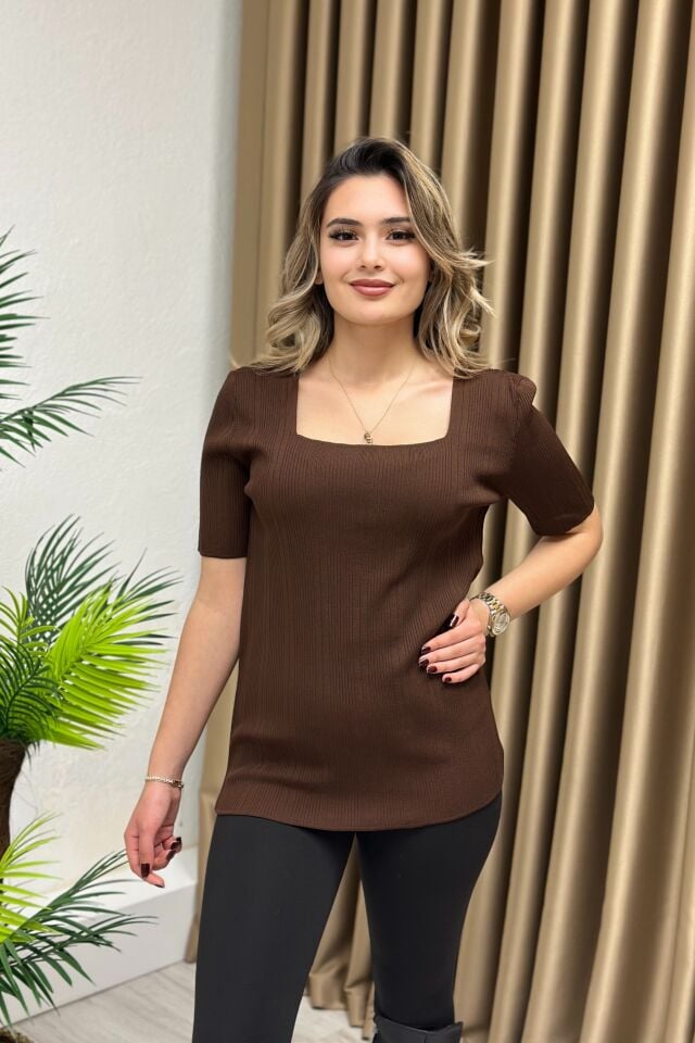 Büyük Beden Elit Triko Kare Yaka Bluz Acı Kahve