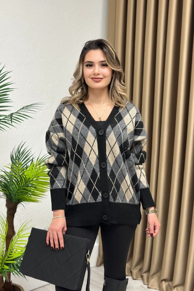 Lüx Kalite Baklava Desenli Yün Hırka Siyah