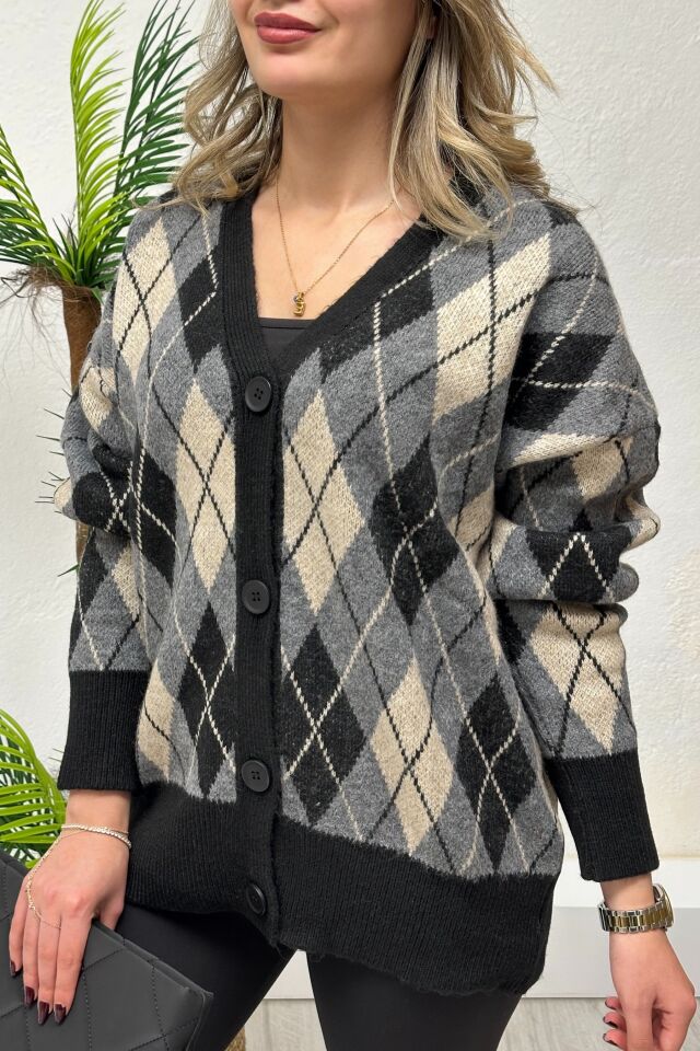 Lüx Kalite Baklava Desenli Yün Hırka Siyah