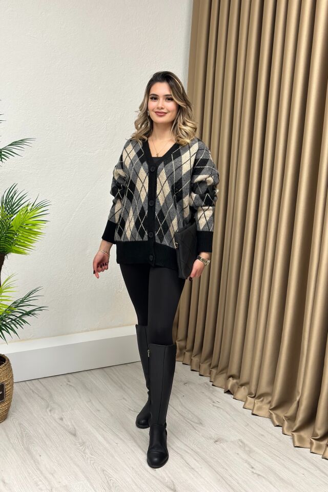 Lüx Kalite Baklava Desenli Yün Hırka Siyah