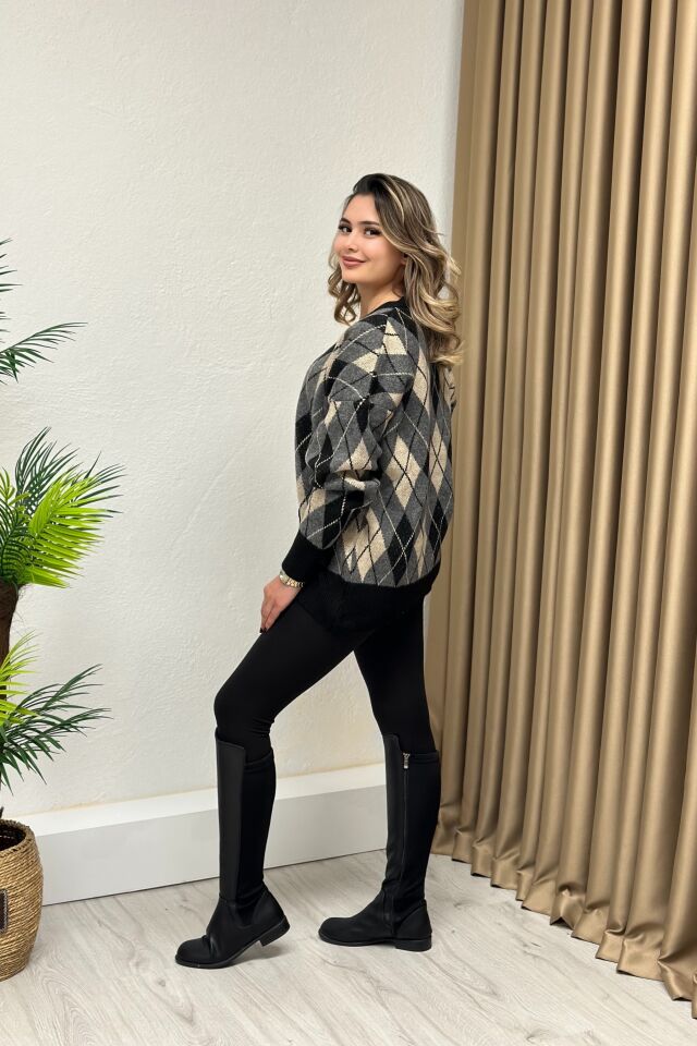 Lüx Kalite Baklava Desenli Yün Hırka Siyah