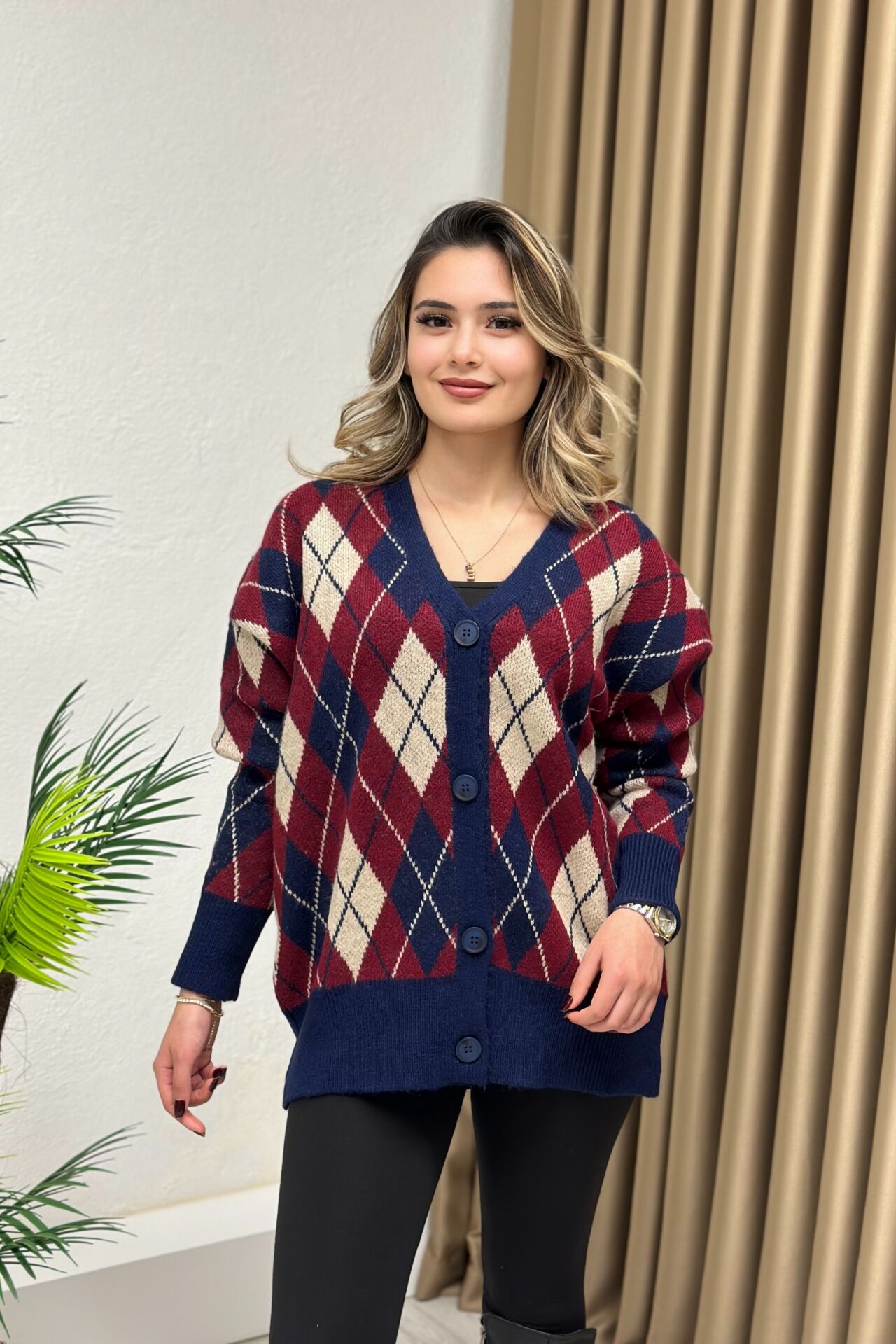 Lüx Kalite Baklava Desenli Yün Hırka Lacivert