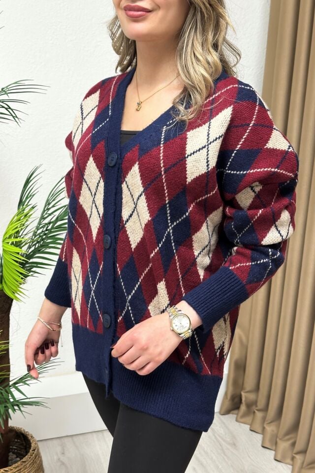 Lüx Kalite Baklava Desenli Yün Hırka Lacivert