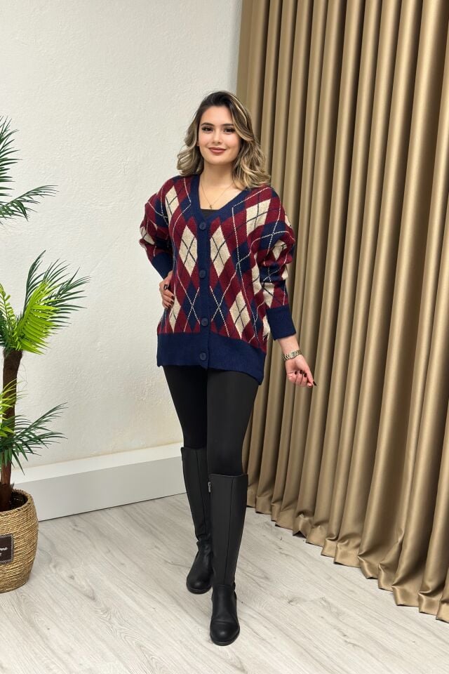 Lüx Kalite Baklava Desenli Yün Hırka Lacivert