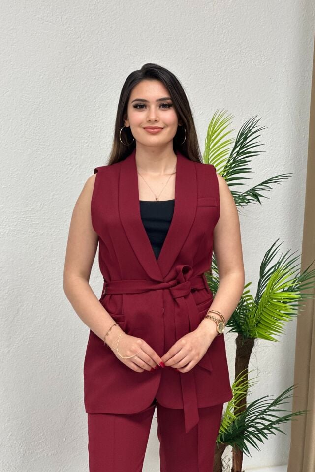 Lüx Kalite Dabıl Kumaş Yelekli İkili Takım Bordo