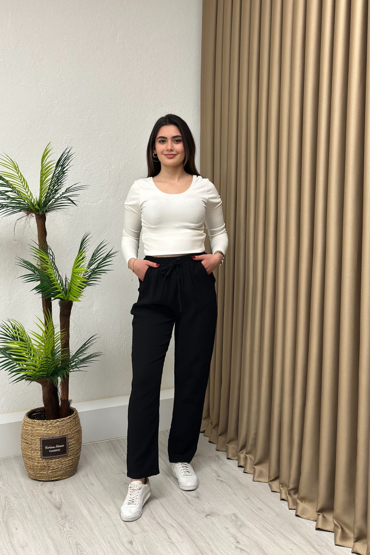 Müslin Kumaş Beli Lastikli Pantolon Siyah