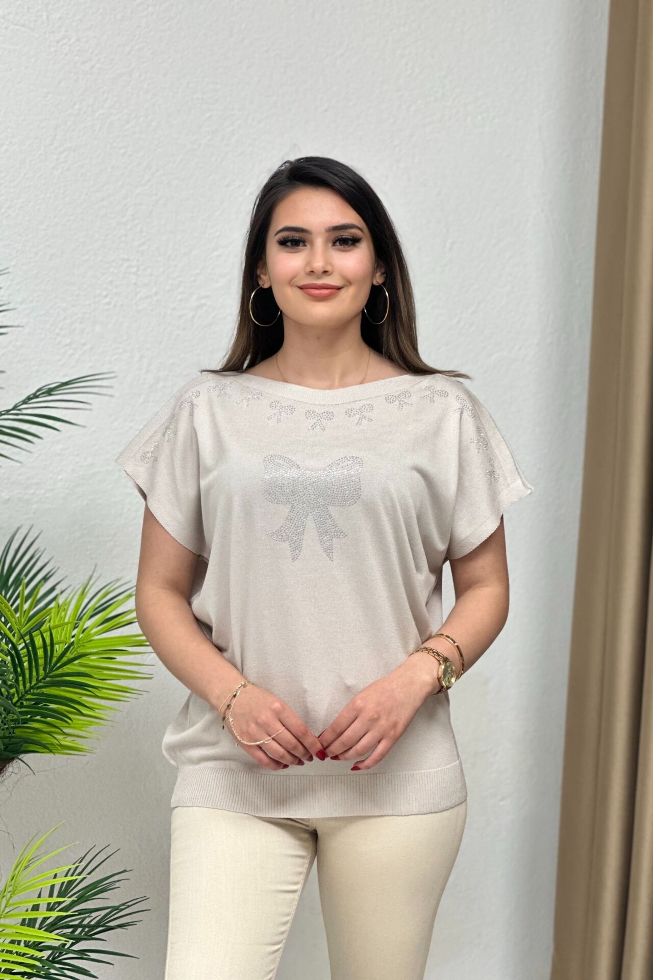 Fiyonk Detaylı Merserize Bluz Vizon