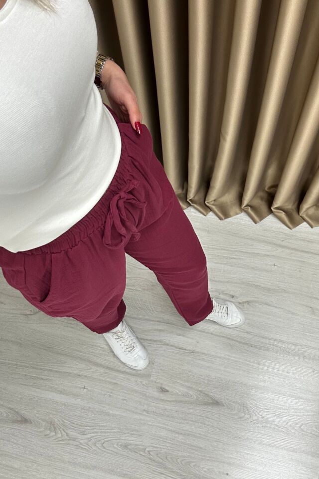 Müslin Kumaş Beli Lastikli Pantolon Bordo