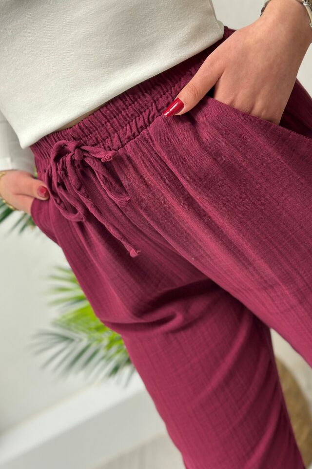 Müslin Kumaş Beli Lastikli Pantolon Bordo