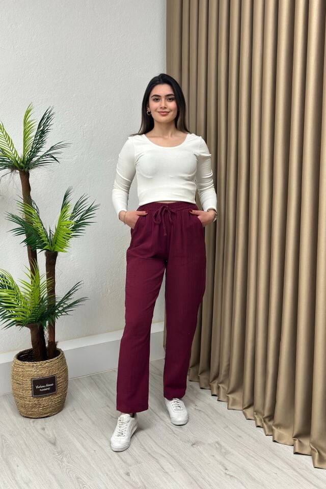 Müslin Kumaş Beli Lastikli Pantolon Bordo