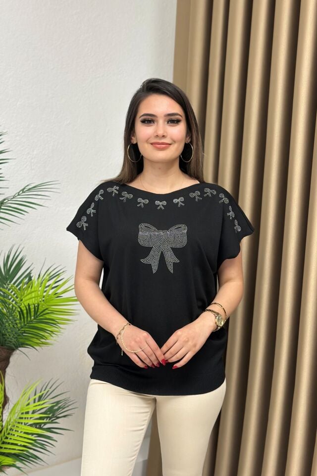 Fiyonk Detaylı Merserize Bluz Siyah