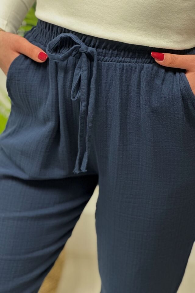 Müslin Kumaş Beli Lastikli Pantolon İndigo Mavi