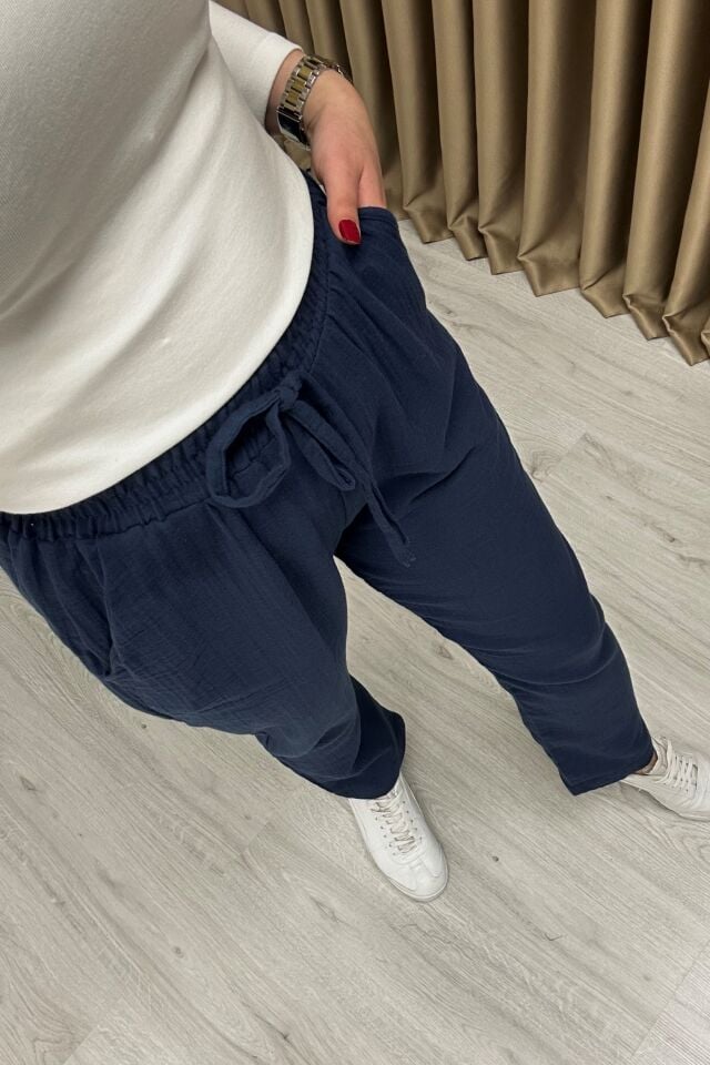 Müslin Kumaş Beli Lastikli Pantolon İndigo Mavi