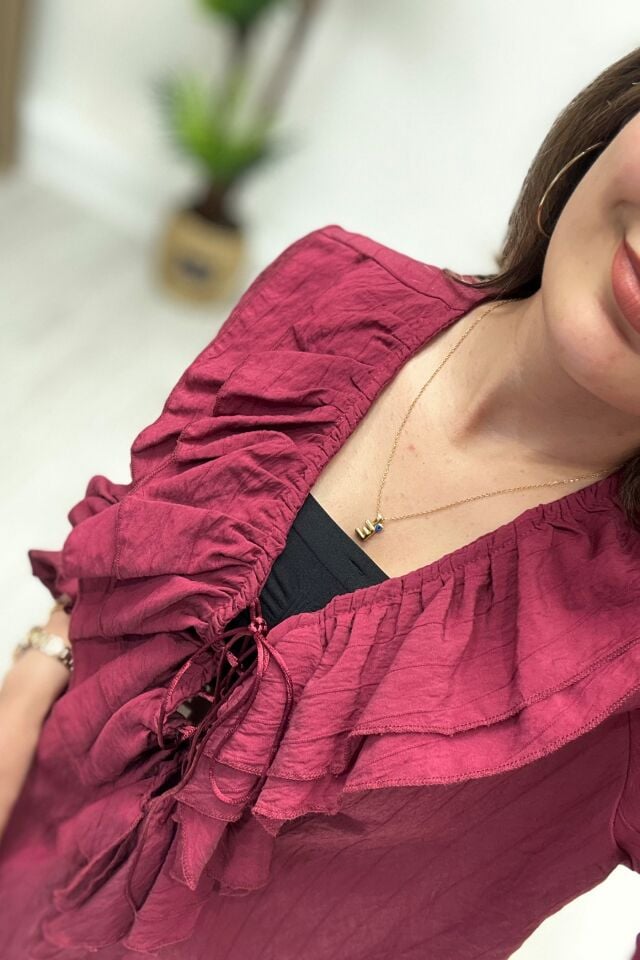 Premium Kalite Fırfırlı Bağcık Detaylı Tensel Kumaş Bluz Bordo