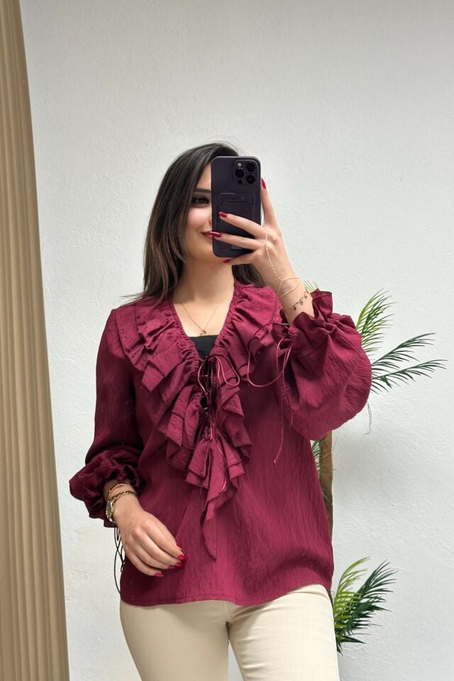 Premium Kalite Fırfırlı Bağcık Detaylı Tensel Kumaş Bluz Bordo