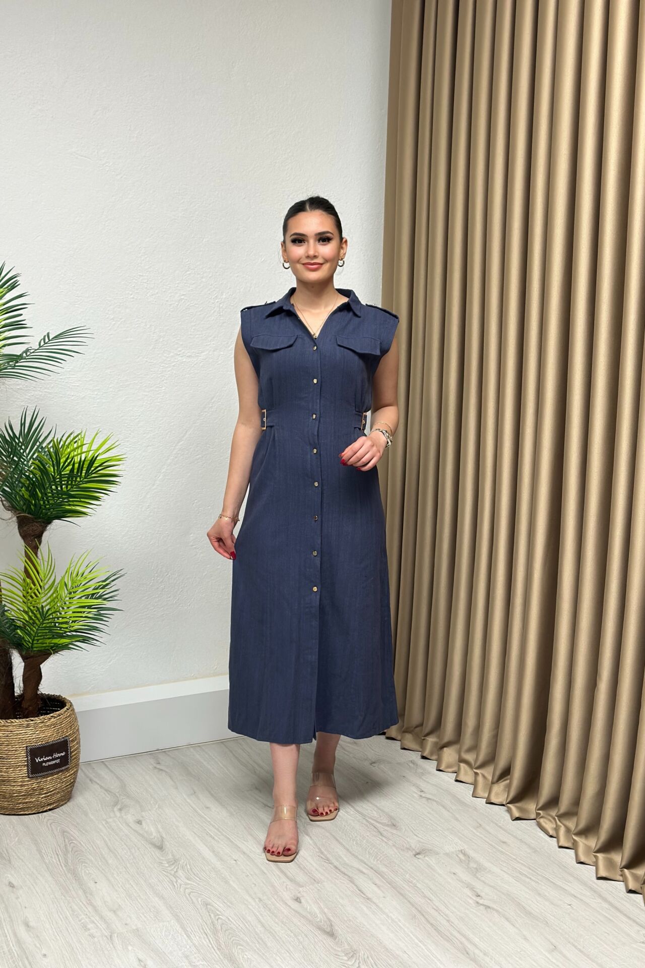 Zara Model Yanları Kemer Detaylı Keten Elbise Mavi