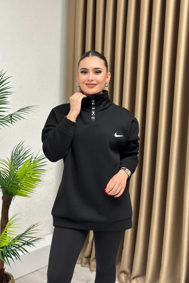 Marka Model Fermuarlı Dik Yaka Sweatshirt Siyah