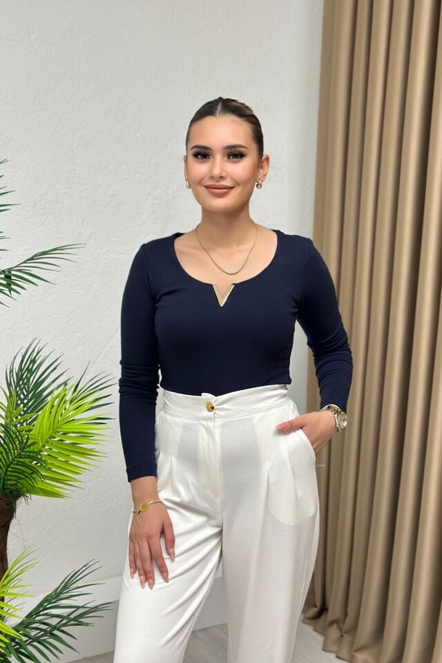 Orjinal Marka Modal Kumaş Metal V Detaylı Uzun Kol Body Lacivert