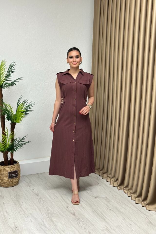 Zara Model Yanları Kemer Detaylı Keten Elbise Mürdüm