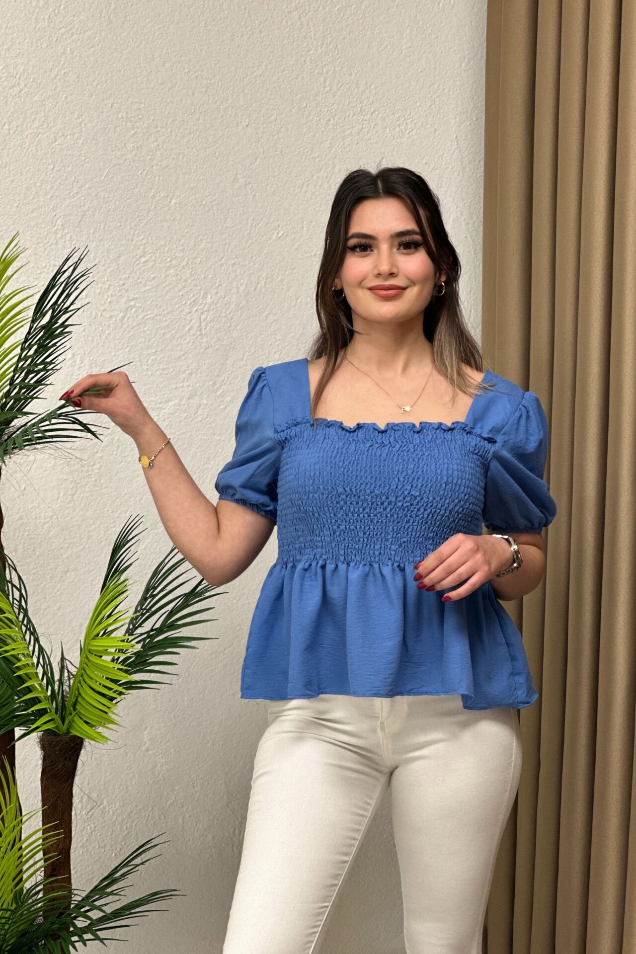 Gipeli Kare Yaka Bluz İndigo Mavi