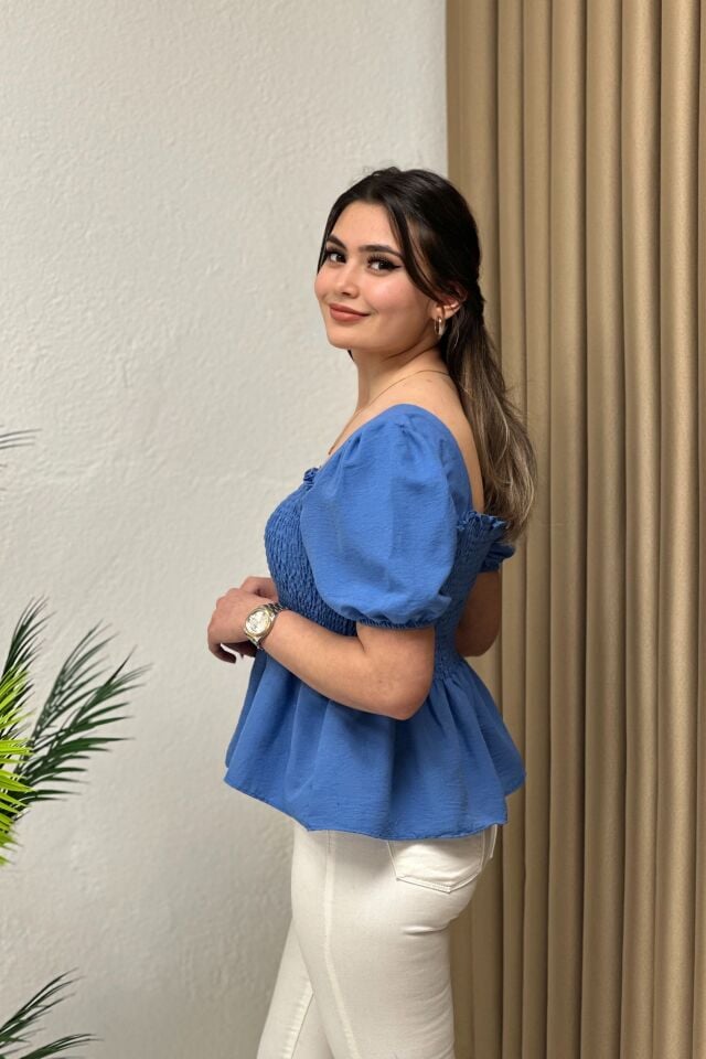 Gipeli Kare Yaka Bluz İndigo Mavi