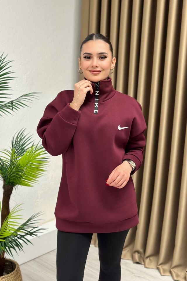 Marka Model Fermuarlı Dik Yaka Sweatshirt Bordo