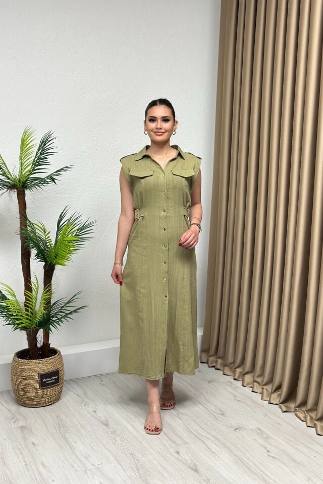 Zara Model Yanları Kemer Detaylı Keten Elbise Yeşil