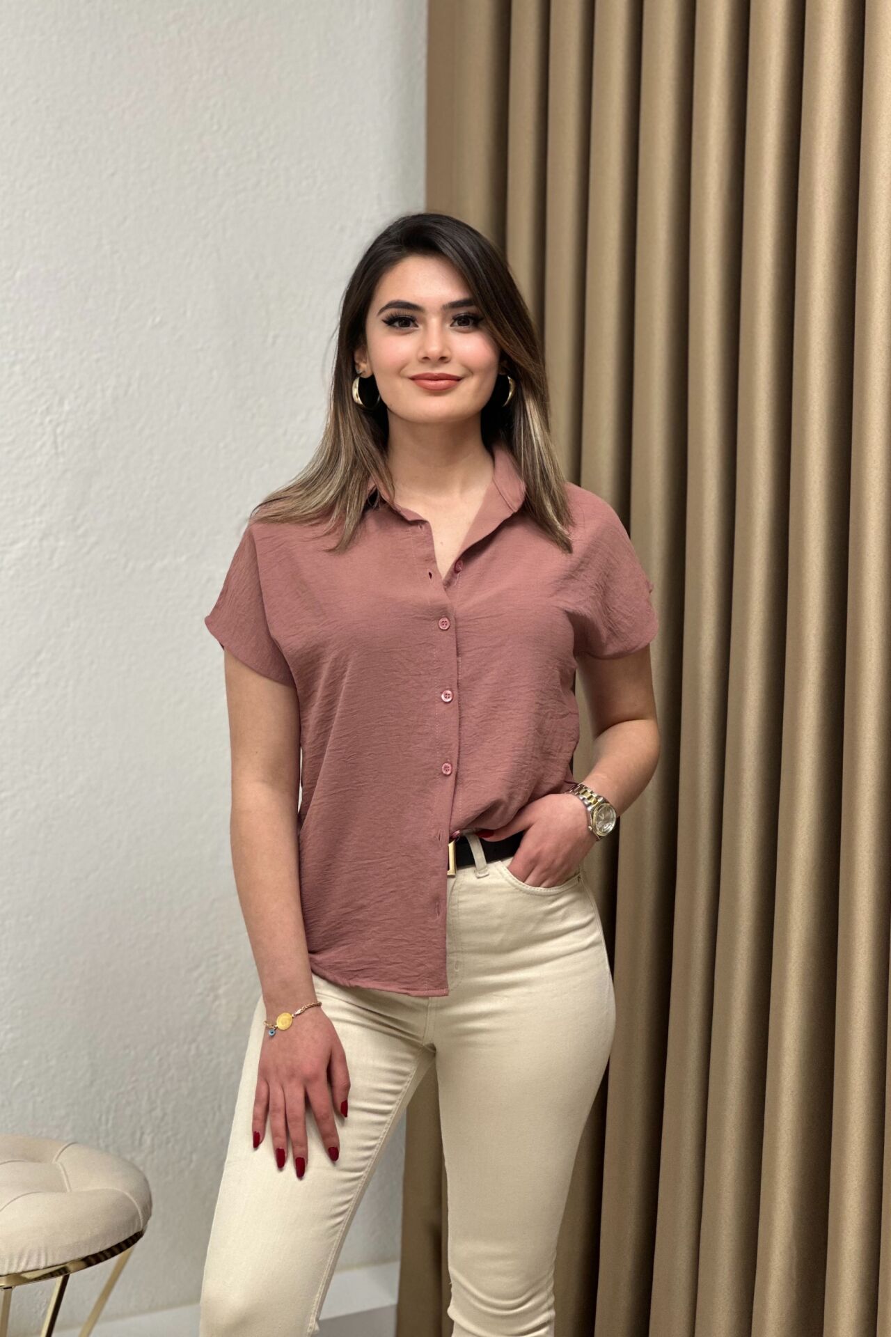 Ayrobin Kumaş Kısa Kollu Gömlek Gül Kurusu