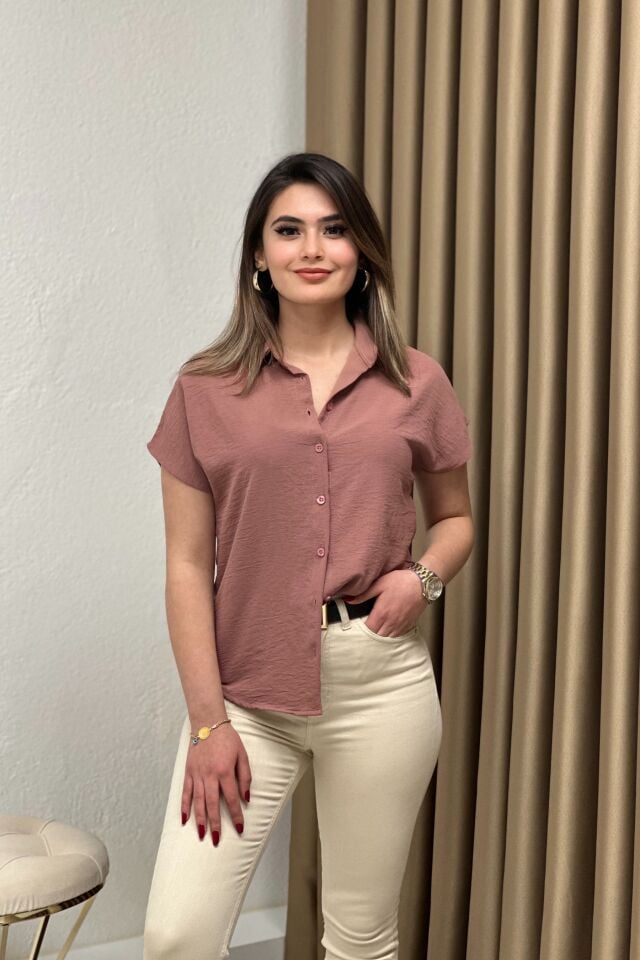 Ayrobin Kumaş Kısa Kollu Gömlek Gül Kurusu