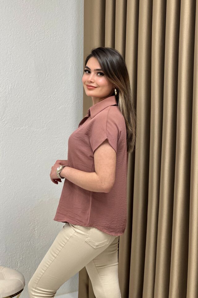 Ayrobin Kumaş Kısa Kollu Gömlek Gül Kurusu