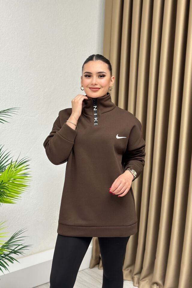 Marka Model Fermuarlı Dik Yaka Sweatshirt Acı Kahve