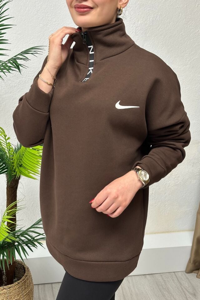 Marka Model Fermuarlı Dik Yaka Sweatshirt Acı Kahve
